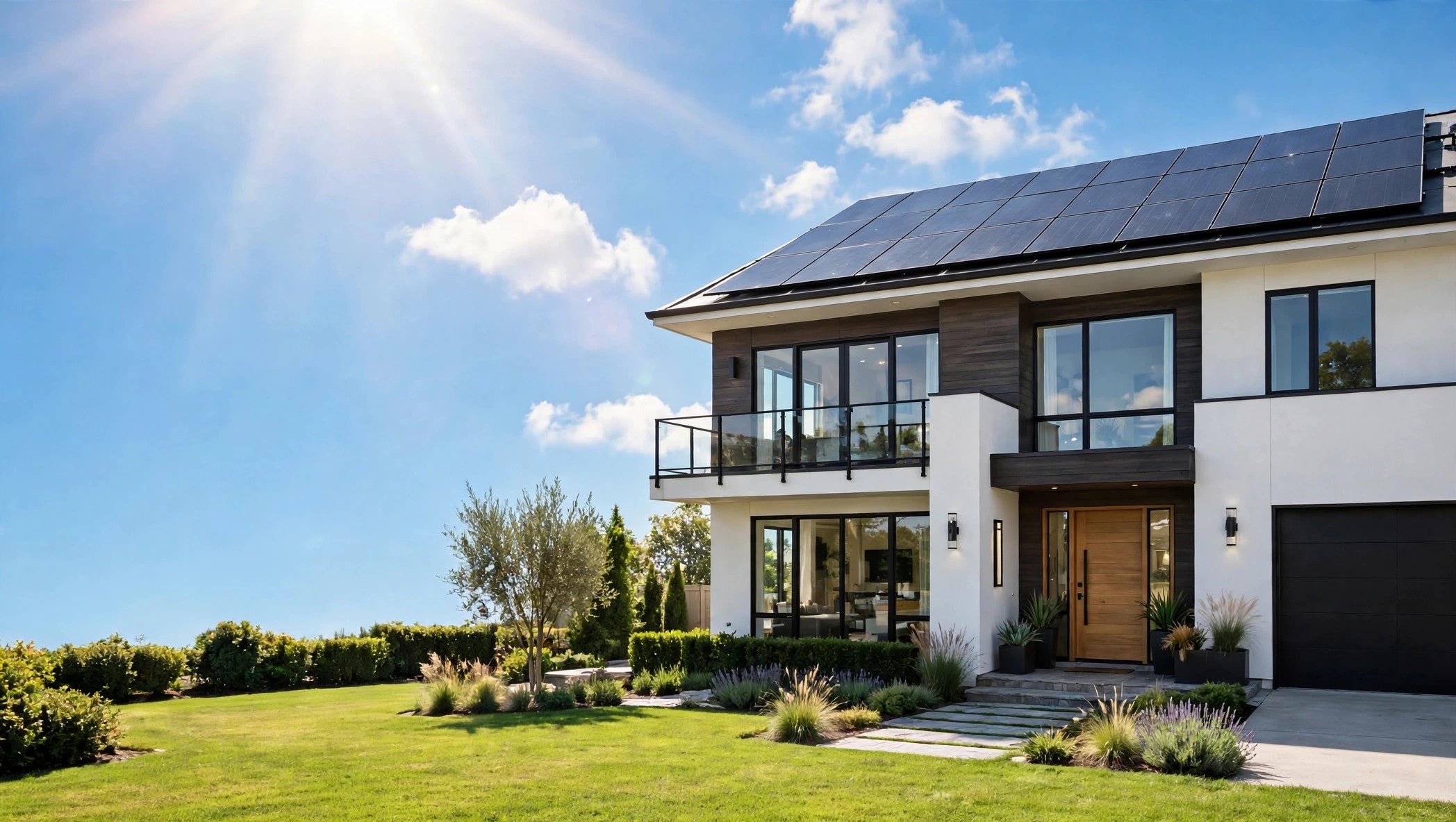 Modern home with rooftop solar panels on a clear bright day